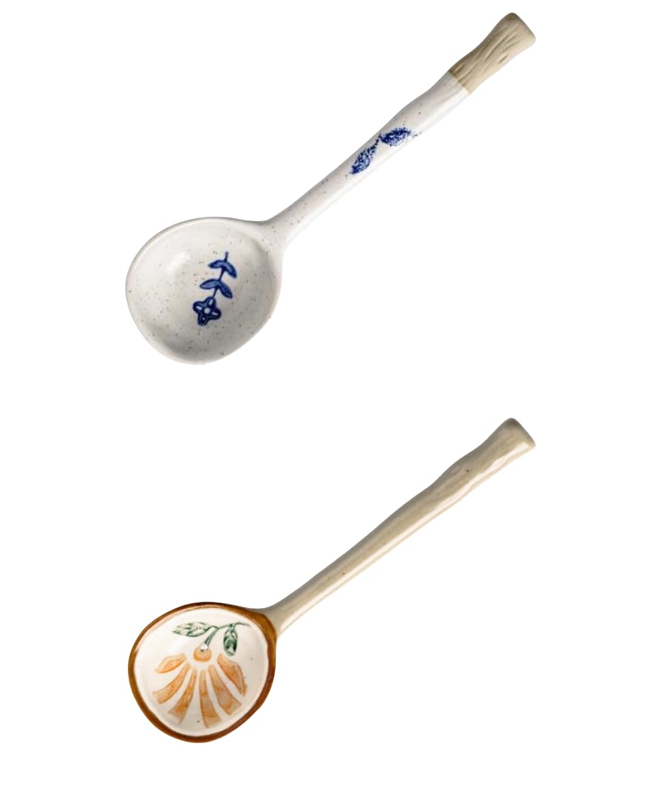 Photo 1 of 2 PCS (3 styles available) of couple ceramic spoon, suitable for afternoon tea and coffee stirring,dessert spoons, handcrafted ceramic soup spoon, size 6.6 * 1.9 in (17 * 5 cm) (flowers)