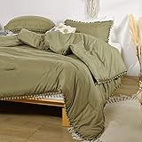 Smoofy Pom Fringe Comforter Set Queen Size Olive