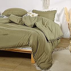 Smoofy Pom Fringe Comforter Set Queen Size Olive