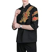 Macondoo Mens Chinese Style Fashion Dragon Long Sleeve Unisex Chef Jacket Coat Black S