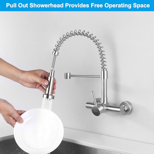 Tondiy 11cm Wall Mounted Kitchen Mixer Tap with Flexible Spout, 2 Jet Types | 360° Rotatable Stainless Steel Kitchen Tap | Ceramic Cartridge | Single Handle Brushed