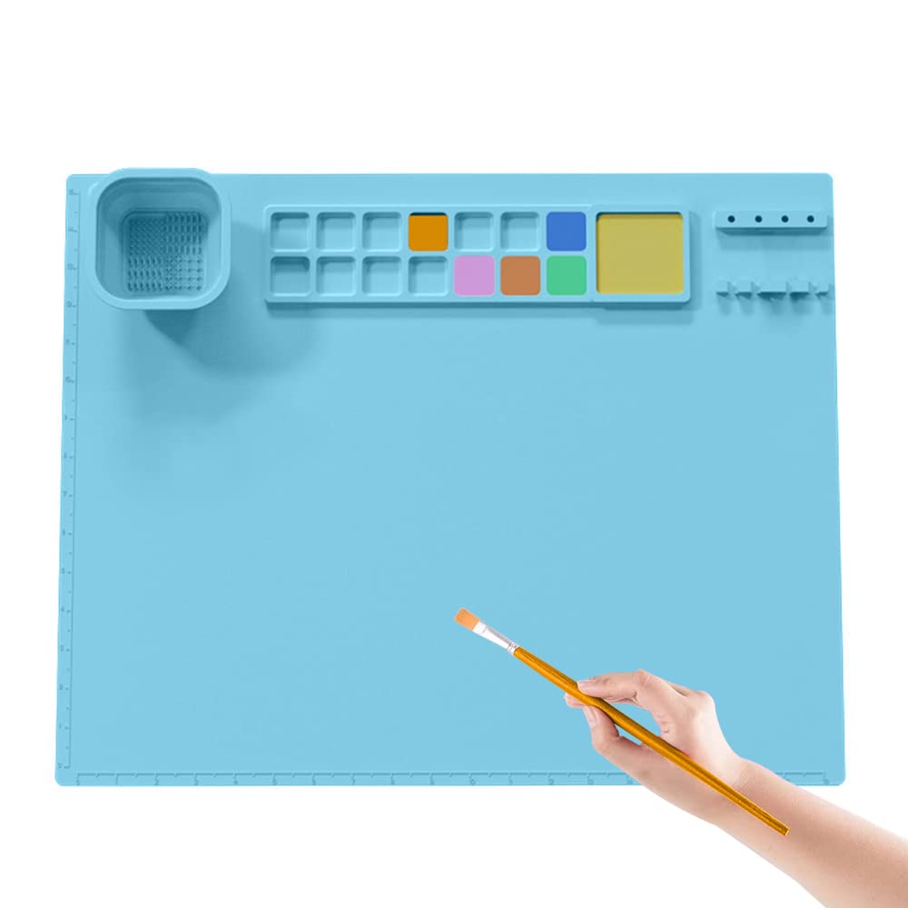 Hapihom Silicone Craft Mat 20"X16" Kids Silicone Art Mat with Foldable Cup and Brush Holder Color Dividers Heat-Resistant Craft Mat Painting Mat for Painting Art Clay sky blue