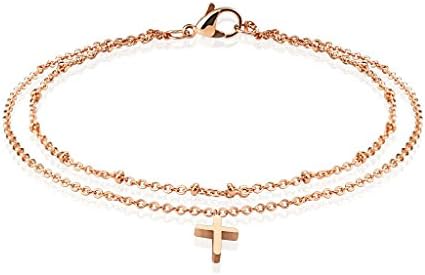 Jinique JSB-7148 Rose Gold Cross Dangle Charm Beaded Double Stainless Steel Chain Anklet Bracelet
