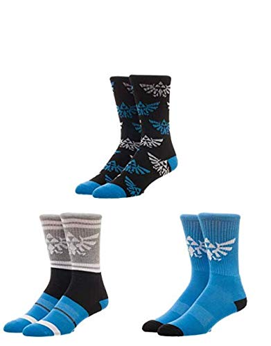 Bioworld Nintendo The Legend of Zelda Athletic Crew Socks (Pack of 3),Blue,10-13