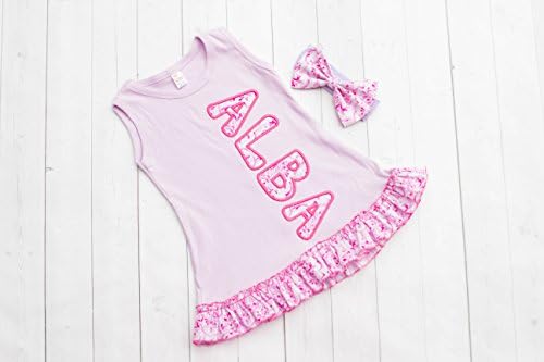 Girl's Lilac Personalized Ruffle Dress by Thready Teddy Embroidery - Pink Damask Monogram - Custom Swimming Cover - Embroidered Beach Wear - Cute Name Summer Spring Outfit
