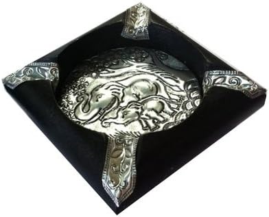Ashtray Thai Elephant Carved Handicraft Style Square Mango Wood with Elephant Silver Plated Size 4 Inches Ashtray