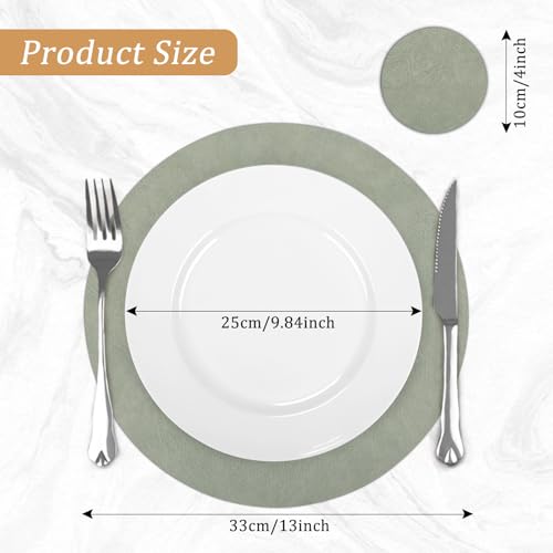 comfoyar Set of 6 American Placemats and Coasters Double Side Green White Round, Non-Slip Leather American Placemats Washable and Waterproof for Kitchen, Party Table 33 x 33 cm