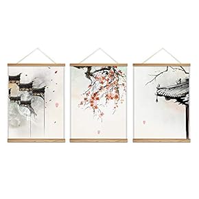 3 Panel Wooden Framed Hanging Poster Chinese Style Wall Picture Canvas Artwork for Home Decoration Ready to Hang - 18"x24"x3 Panels