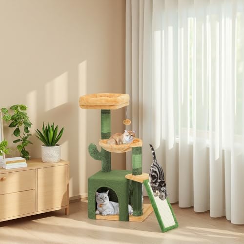 DWVO Cactus Cat Tree: 37" Tall with Self-Grooming Brush, Cute Kitten Climbing T…