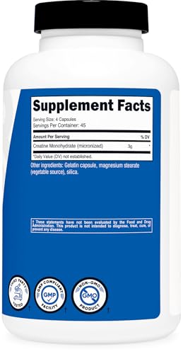 Nutricost Creatine Monohydrate 3,000mg, 180 Capsules (750mg Per Capsule) | Gluten Free, GMO-Free