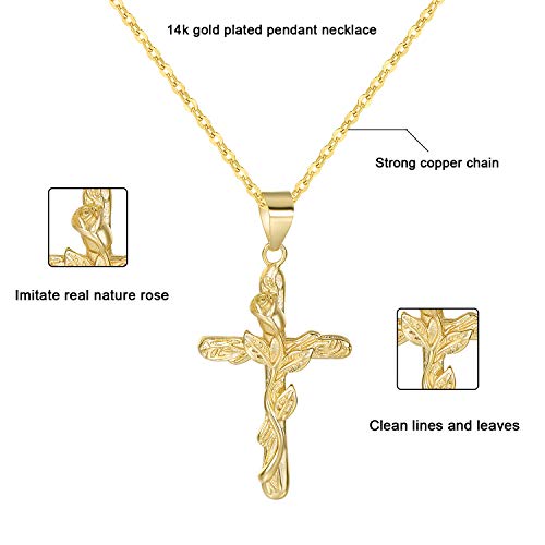 Lateefah Rose Flower Cross Pendant Necklace-14k Gold Plated Simple Religious Charm with Engraved Rose Adjustable Crucifix Cross Pendant Necklace for Women