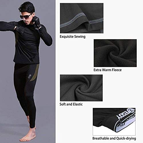 Convallaria Men's Thermal Underwear Sets Ultra Soft Wicking Crew Neck Long Johns Fleece Lined Sweat Bottom and Top Quick Drying for Outdoor Camping Sports Warm Underwear Set Black, XXL