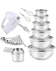 Electric Hand Mixer Mixing Bowls Set, Upgrade 5-Speeds Mixers with 6 Nesting Stainless Steel Mixing Bowl, Measuring Cups and Spoons Whisk Blender -Kitchen Baking Supplies For Cooking Bake Beginner