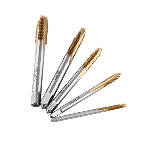 5Pcs Metric HSS Thread Screw Tap Kit Titanium Coated Screw Taps Tool Set M3 M4 M5 M6 M8 Foward Chip Ejection Design Combination Drill