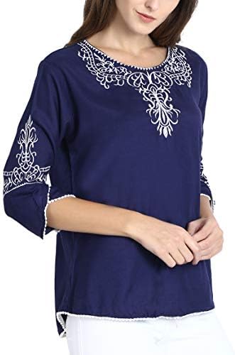 Triumphin Blue Women Embroidered Rayon Cotton Top for Dailywear Stylish Casual and Western Wear Women/Girls Tops