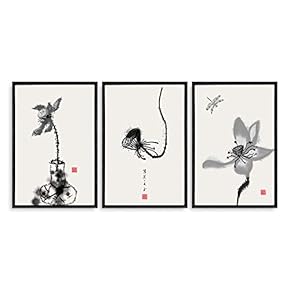 Framed Home Artwork Lotus for Living Room Bedroom x3 Panels