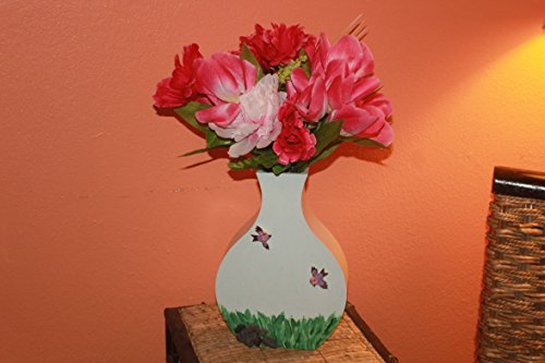 Artificial Flowers in Light Wood Vase with Panted Light Blue Sky and Green Grass, Two Small Bird Figurines, and Real Stones.