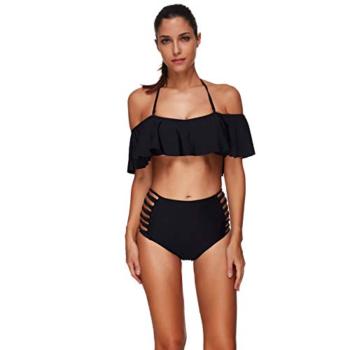 Womens Sexy Bikini Swimsuit,Two-Piece Halter Tankini Ruffle Bandeau Swimwear S-3XL High Waisted Bottom Bathing Suit