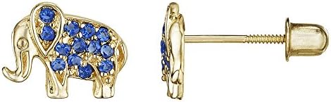 14kt Solid Gold Kids Elephant Stud Screwback Earrings - Sapphire