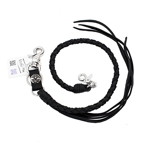 Uniqsum Braided Genuine leather wallet chain Cross charm Swivel Trigger snap Biker Punk Key chain (Cross Black)