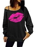 Smile Fish Women Casual Oversized Sexy Lips Print Off Shoulder Pullover (S, Black-Rose Lip)