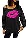 Smile Fish Women Casual Oversized Sexy Lips Print Off Shoulder Pullover (L, Black-Rose Lip)