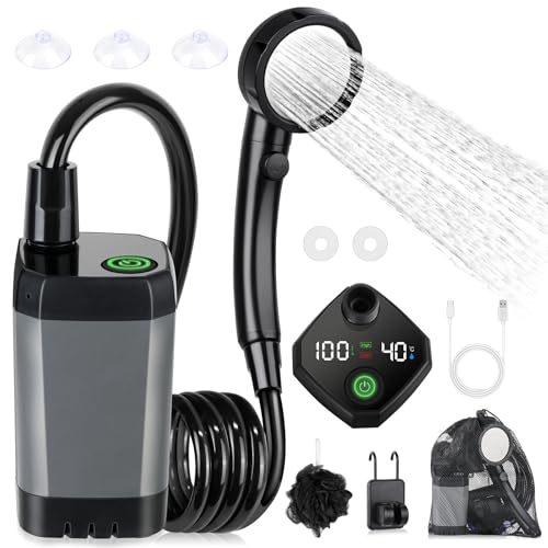 Spopal Campingdusche Tragbare, [6000mAh] Camping Dusche mit Pumpe und Temperaturanzeige, Camping Dusche Outdoor Set mit Duschkopf und 2M Schlauch für Garten, Au