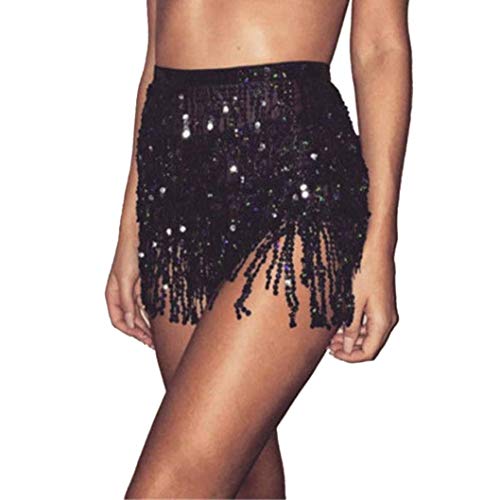 Clearance!!Womens Sequin Belly Dancer Costume,Ladies Tassel Wrap Skirt Club Mini Skirt (Free, Black)