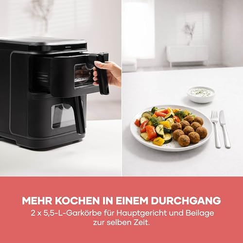 Duo Stack Heißluftfritteuse, 2 x 5,5 L Garraum, 2 Kammern, gesundes Kochen, 9 Automatik-Programme, Fritteuse ohne Fett, platzsparendes Design, doppelstöckig, S-Fry, 2800 W, schwarz, FR 9598