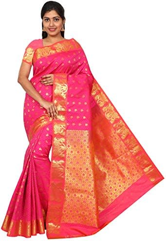 Ethnic Indian Art Silk Saree With Blouse Piece (KANCHIPURAM_PATTU_SILK_SAREE_PARTY_WEAR_Pink_Free Size)