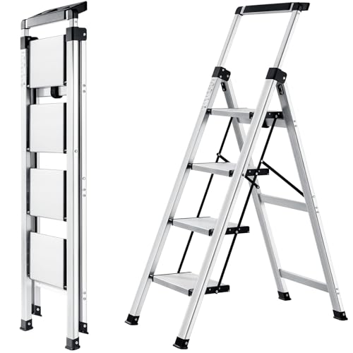 XinSunho Trittleiter 4 Stufen, Aluminiumleiter mit ausziehbarem Handlauf