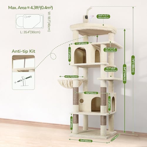 Globlazer Beige Cat Tree Large 188 cm Height with 2 Kennels, Large Padded Platform, Soft Basket, Plush Toys, Solid Cat Trees for 3-4 Adult Cats Rest Game Scratching (F74B, Beige)