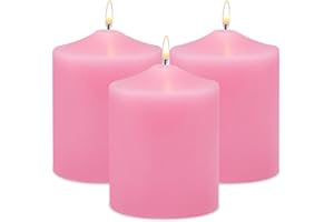 YUSEVOT Unscented Pink Pillar Candles, 45 Hour 3x4 Inch Dripless Tapered Fat Column Cylinder Candles for Valentine's Day Home Party Holidays, 3 Packs