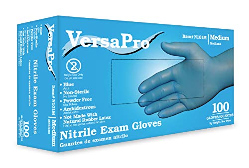 VersaPro N101M Nitrile Exam Gloves (non-latex) Powder-Free, Medium, Blue, 100/Box