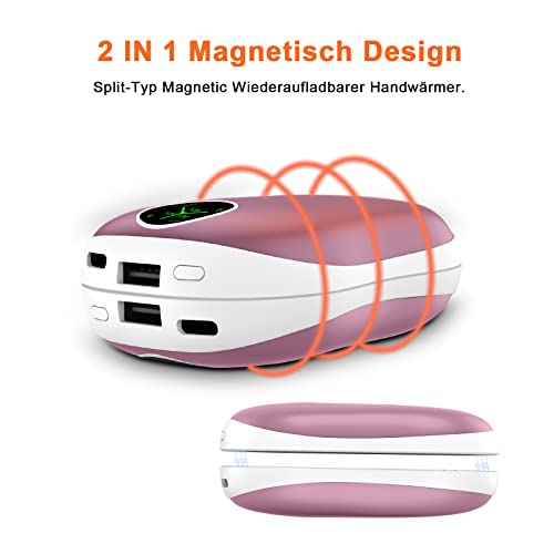 Hand Warmers Reusable, 5000mAhX2 Hand Warmer Power Bank ,Rechargeable Magnetic Electric Pocket Warmers,3 Heat Levels for Women, Men (Pink)