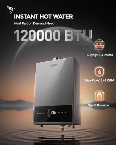 APUS Tankless Water Heater Propane Gas, Up to 5.43 GPM, Indoor Hot Water Heater, 120,000 BTU on Demand Instant Hot Water Heaters with Smart Digital Display, Space Gray