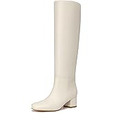 Athlefit Knee High Boots for Women Chunky Block Heel Beige Tall Boots Round Toe Fashion Pull On Booties Size 7