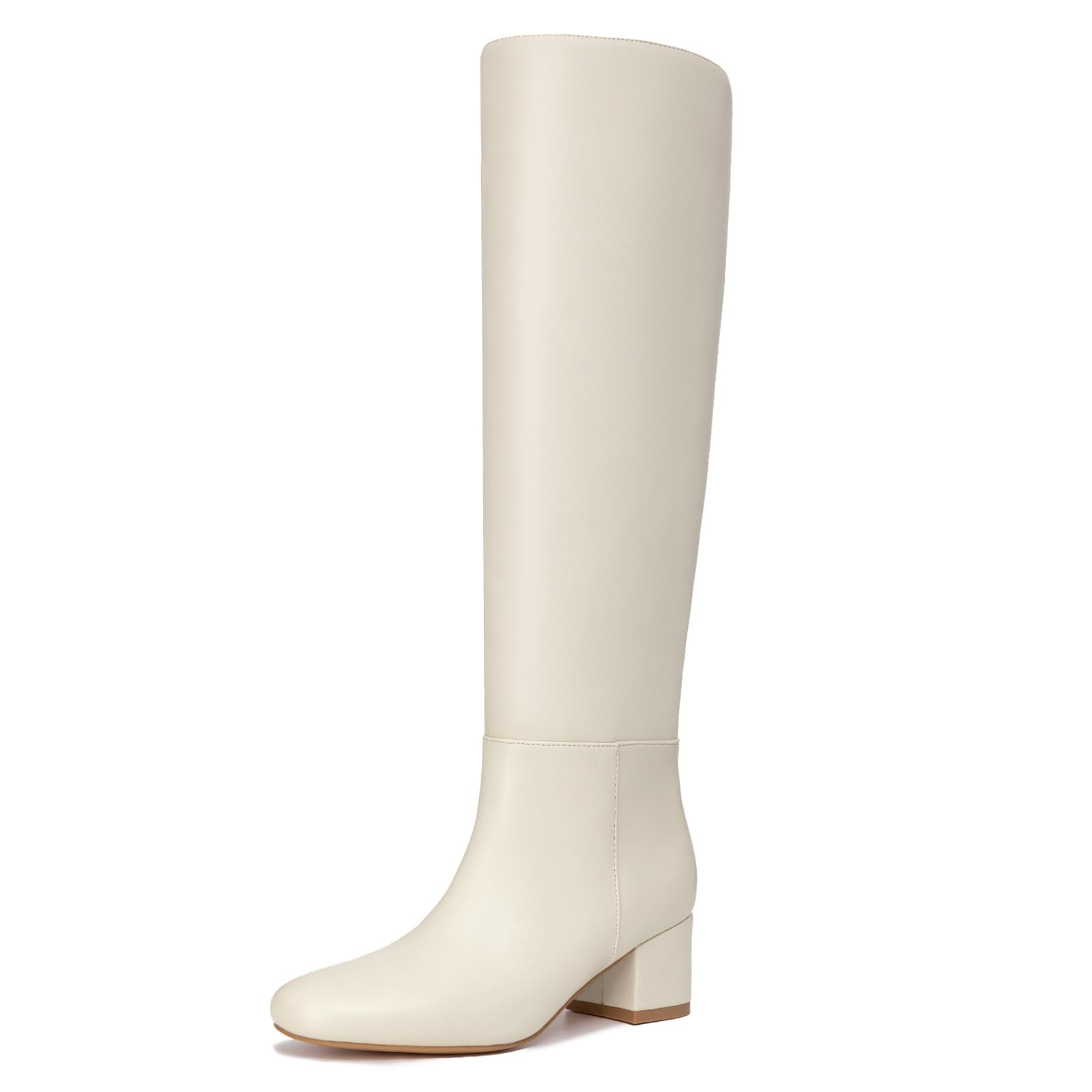 Athlefit Knee High Boots for Women Chunky Block Heel Beige Tall Boots Round Toe Fashion Pull On Booties Size 8