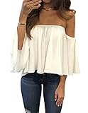 Women's Summer Off Shoulder Chiffon Blouses Short Sleeves Sexy Tops Shirt Fashion Casual Ruffles Solid Loose Fit Blouses T Shirt (XL, White)