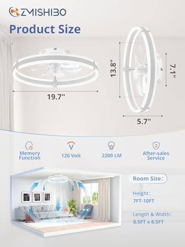 Low Profile Ceiling Fans with Lights and Remote, 19.7'' Modern Flush Mount Ceiling Fan, Dimmable LED Small Fan Light, 6 Speeds, Fandelier Fans with LED Light for Bedroom, White