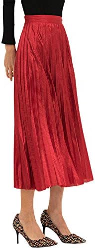 Amormio Women's Glittery Gold/Silver High-Waist Metallic Accordion Pleated Formal Party Maxi Skirt