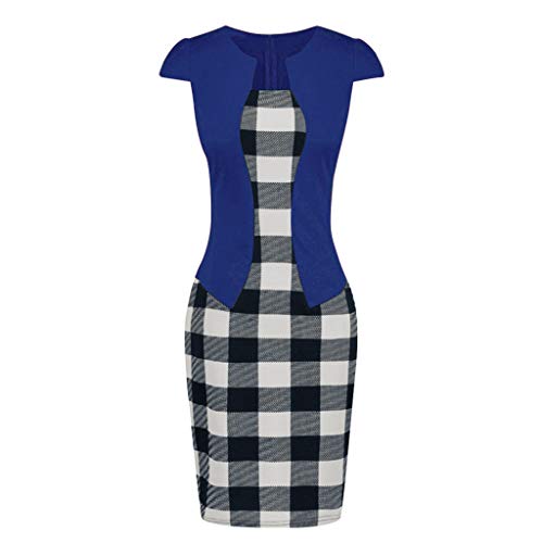 Birdfly Office Women's Plaid Patchwork Pencil Skirts Formal Working Dress with Three Quarter Sleeve Plus Size 2L 3L DarkBlue(92) Shortsleeve,M â€¦
