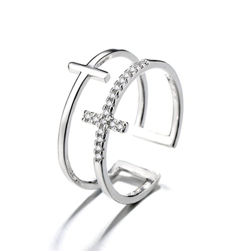 Cross Double Line Cubic Zirconia Open Rings for Women Teens Girls Hollow Adjustable Hypoallergenic Finger Expandable Sparkly Birthstone CZ Faith Fashion Statement Wedding Stacking Dainty Jewelry