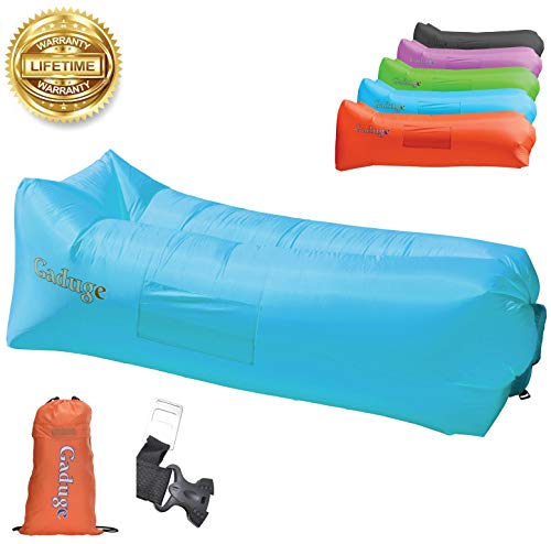 Gaduge Outdoor Inflatable Lounger & Pool Chair, Hangout Sofa & Inflatable Couch for Bedroom, Floats on Water - Includes Pockets, Comfy Headrest, Bottle Opener, Stake & Bag (Blue)