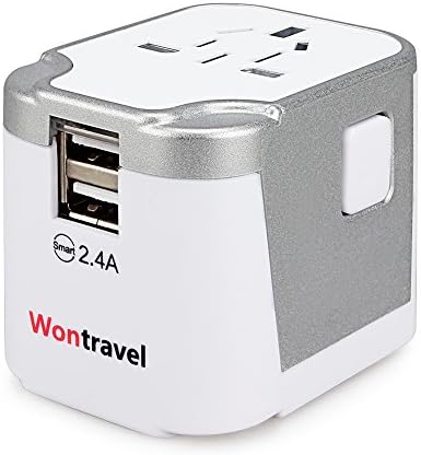 Wontravel New Design Worldwide Travel Adapter with EU/US/AU/UK Plug Dual USB Charger (White with Silver)