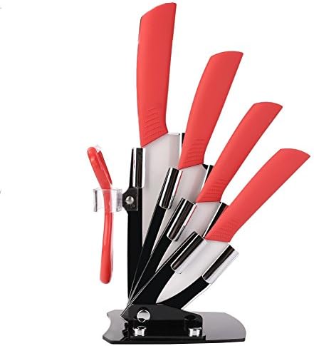Ceramic Knife Set with Block, NLEADER Sharp Blade kitchen Knife, 3" Paring Knife, 4" Fruit Knife, 5" Utility Knife, 6" Chef Knife with Knife Holder - Gift: Peeler (red)