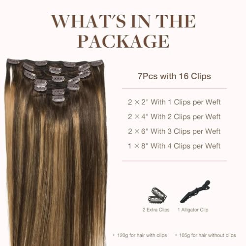 GOO GOO Natural Hair Clip in Extensions, 7pcs 120g 50cm 4/27/4 Chocolate Brown to Caramel Blonde, Natural Hair Extensions