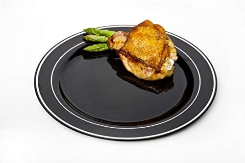 20 Plastic Plates, Elegant, Heavyweight Disposable, High Gloss Reusable & Recyclable, 16cm - 6” (Black-Silver)