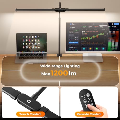 SKYLEO LED Desk Lamp – Dual Head with Remote Control and Touch Control – Eye Protection – 12 W, 5 Colour Modes, Timer and Memory Function, Flexible Swan Neck – for Home