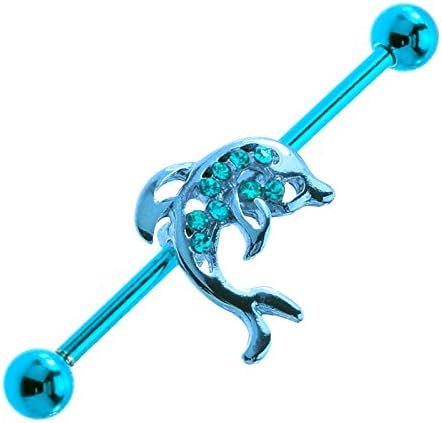 アクアライトブルーの宝石 ドルフィン インダストリアル ピアス バー ボディ ジュエリー リング イヤリング 1 1 2